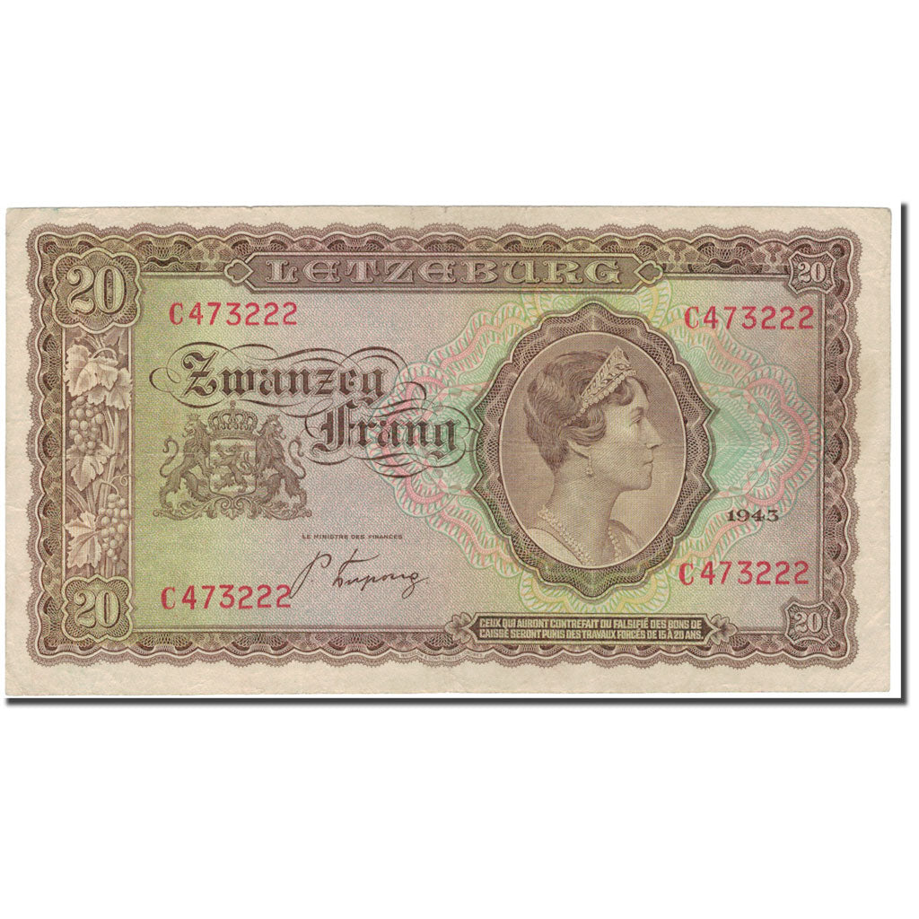 Banknote, Luxembourg, 20 Frang, 1943, KM:42a, EF(40-45)