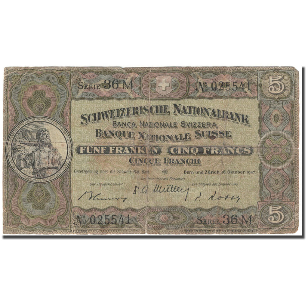 Banknote, Switzerland, 5 Franken, 1947-10-16, KM:11m, VF(30-35)