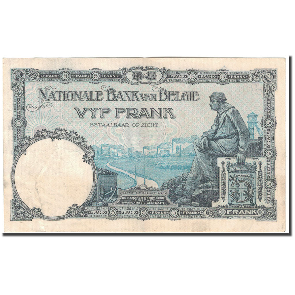 Banknote, Belgium, 5 Francs, 1922-04-08, KM:93, EF(40-45)
