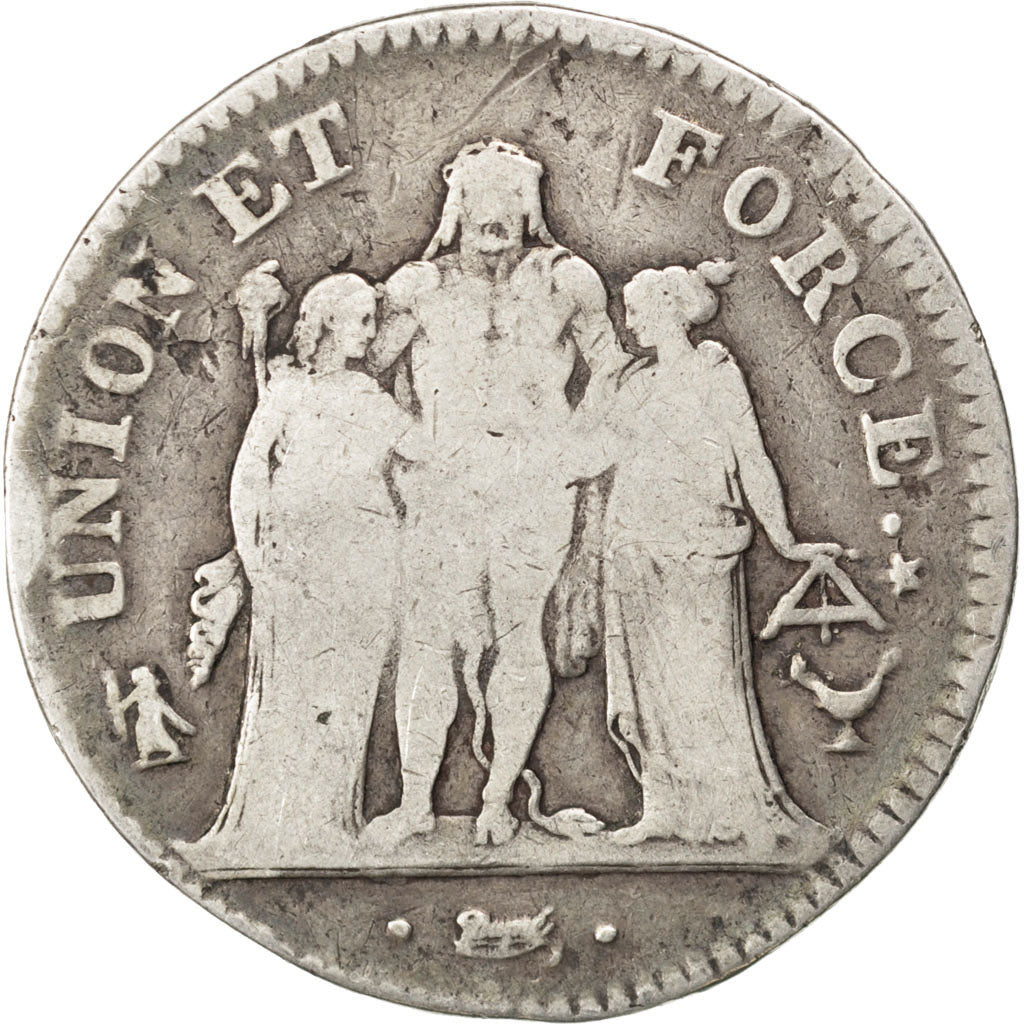 FRANCE, 5 Francs, 1798, Bordeaux, KM #639.5, VG(8-10), Silver, Gadoury #563,...