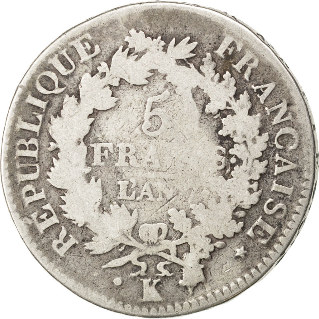 FRANCE, 5 Francs, 1798, Bordeaux, KM #639.5, VG(8-10), Silver, Gadoury #563,...