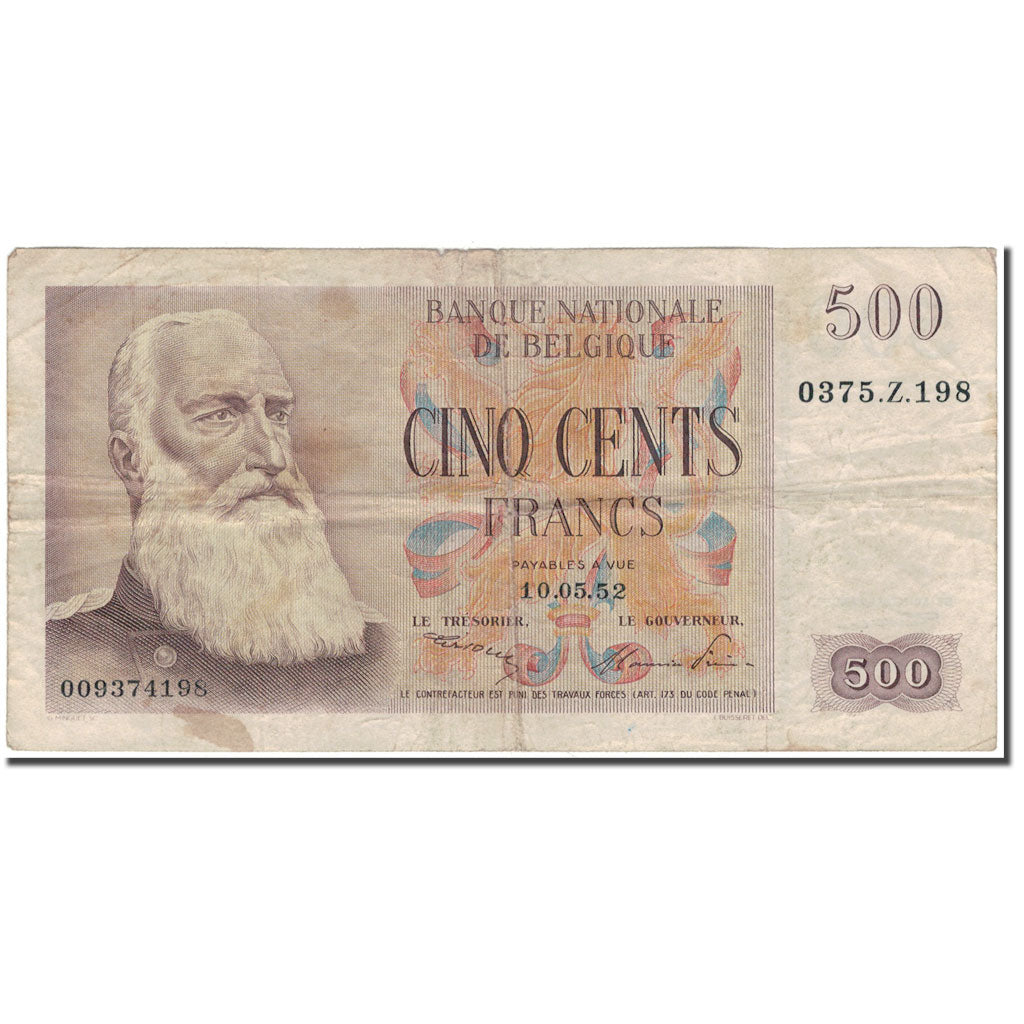 Banknote, Belgium, 500 Francs, 1952-05-10, KM:130a, VF(20-25)