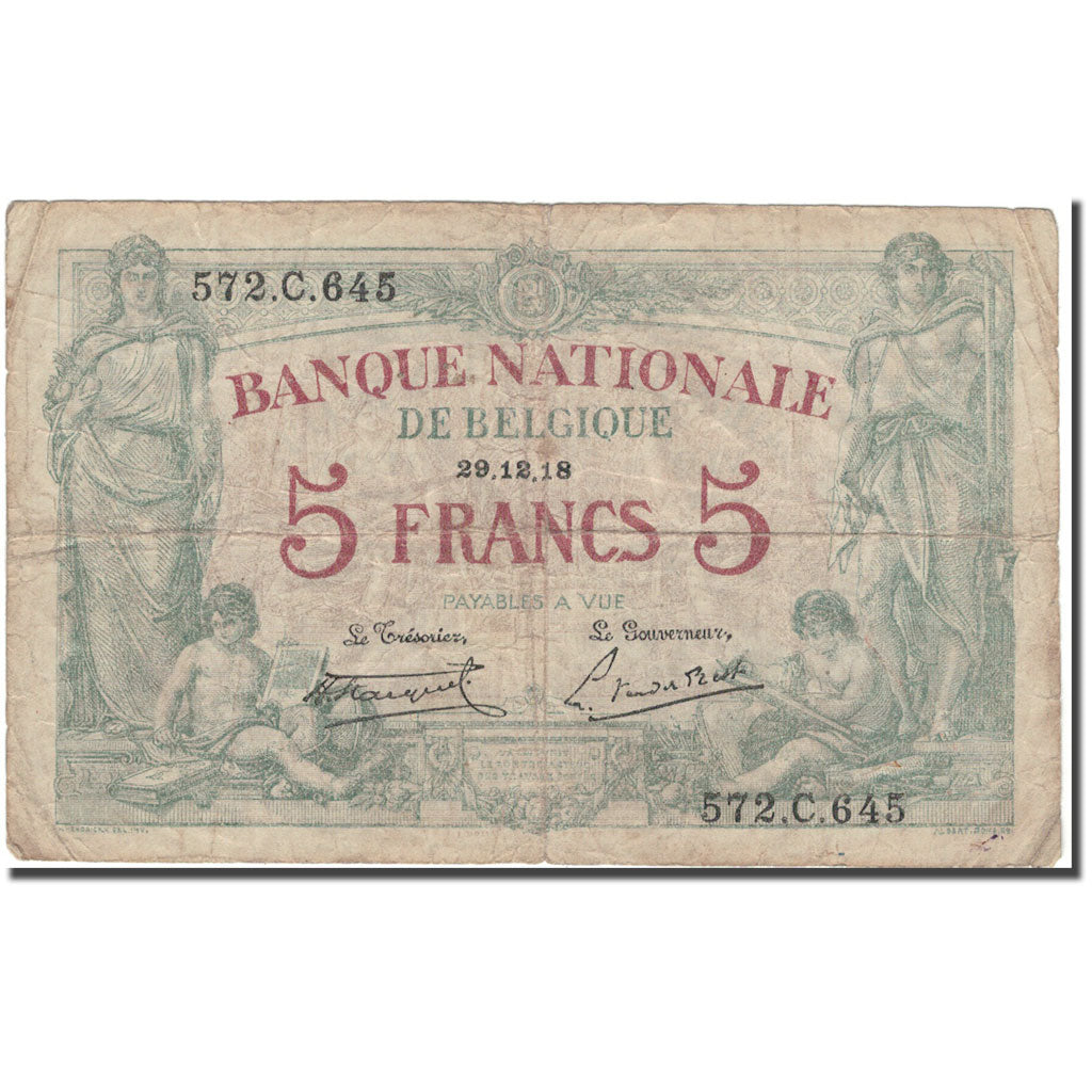 Banknote, Belgium, 5 Francs, 1918-12-29, KM:75b, VF(20-25)