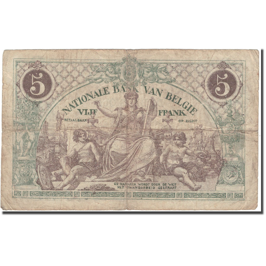 Banknote, Belgium, 5 Francs, 1918-12-29, KM:75b, VF(20-25)
