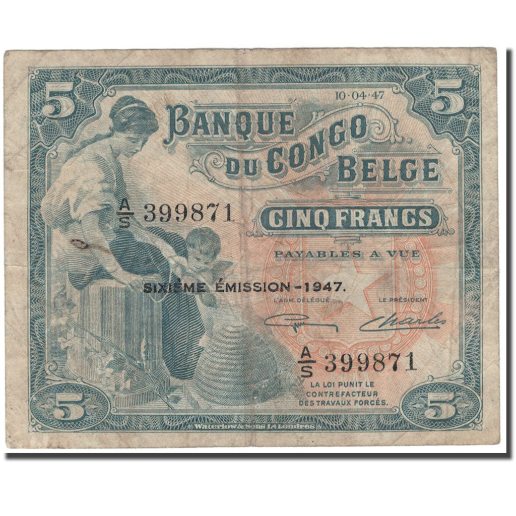 Banknote, Belgian Congo, 5 Francs, 1947-04-10, KM:13Ad, VF(20-25)