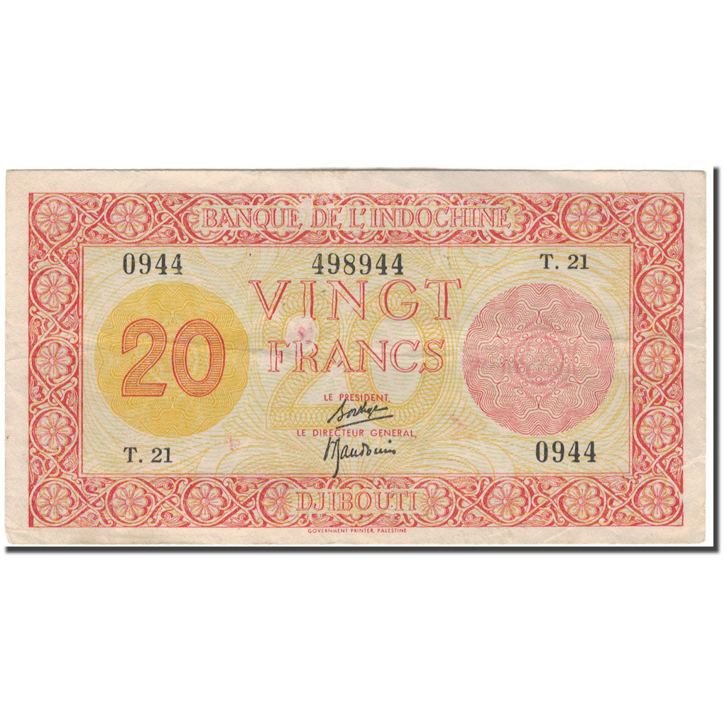 Banknote, French Somaliland, 20 Francs, 1945, KM:15, EF(40-45)