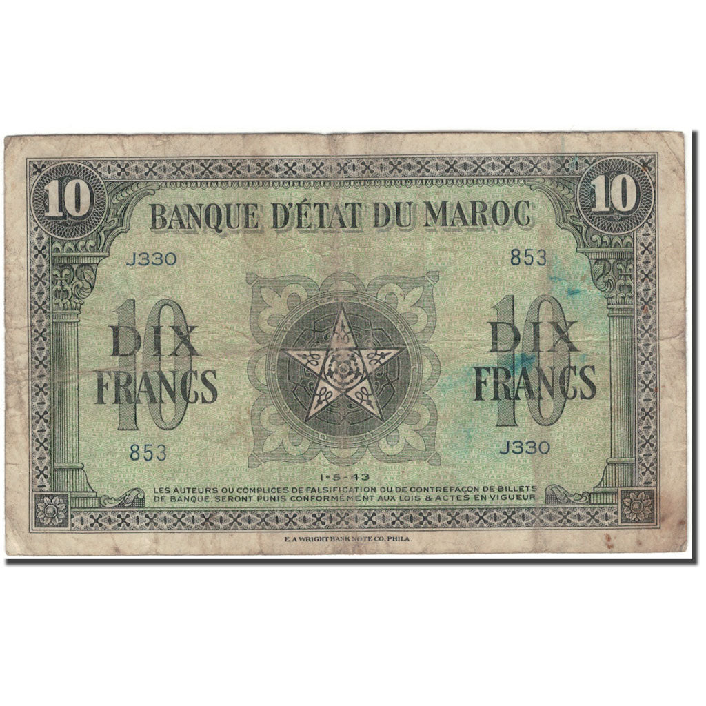 Banknote, Morocco, 10 Francs, 1943-05-01, KM:25a, F(12-15)