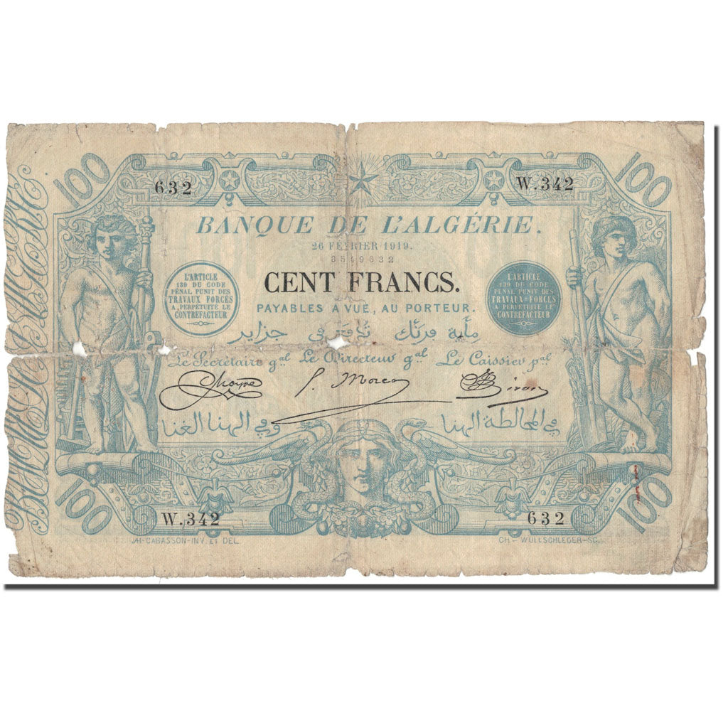 Banknote, Algeria, 100 Francs, 1919-02-26, KM:74, AG(1-3)