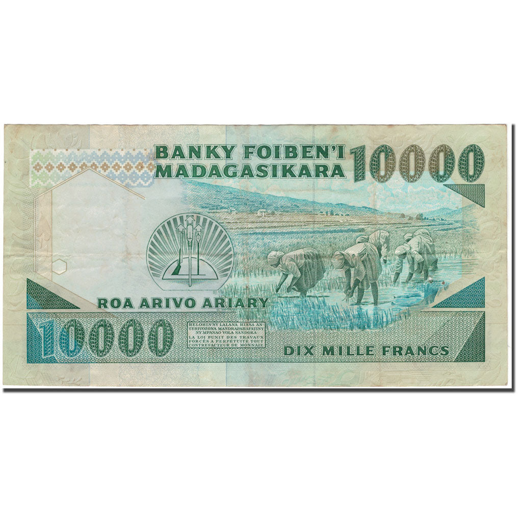 Banknote, Madagascar, 10,000 Francs = 2000 Ariary, KM:74b, VF(30-35)