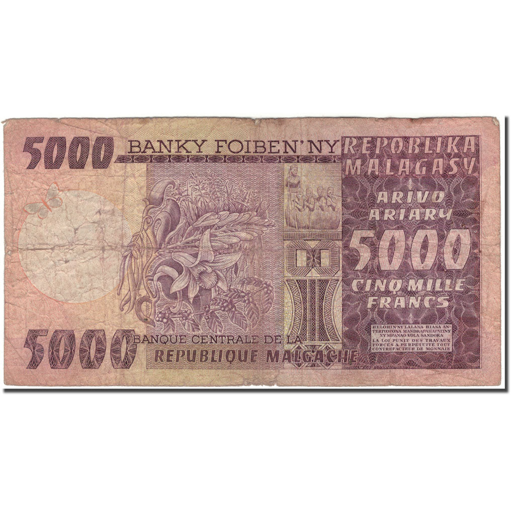 Banknote, Madagascar, 5000 Francs = 1000 Ariary, KM:66a, F(12-15)