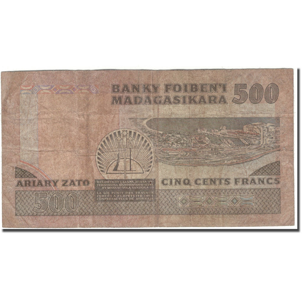 Banknote, Madagascar, 500 Francs = 100 Ariary, KM:67a, F(12-15)