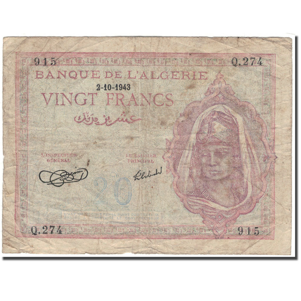 Banknote, Algeria, 20 Francs, 1943-10-02, KM:92a, F(12-15)