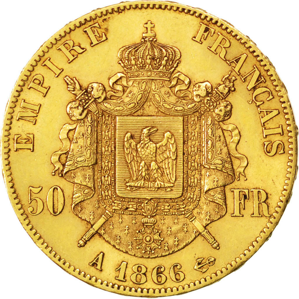 Second Empire, 50 Francs or Napoléon III tête laurée 1866 Paris, KM 804.1