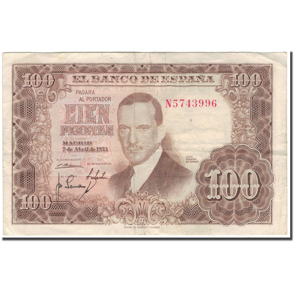 Banknote, Spain, 100 Pesetas, 1953-04-07, KM:145a, VF(30-35)