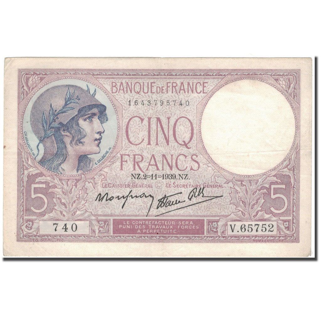 Francia, 5 Francs, 5 F 1917-1940 ''Violet'', 1939-11-02, MBC, Fayette:4.14