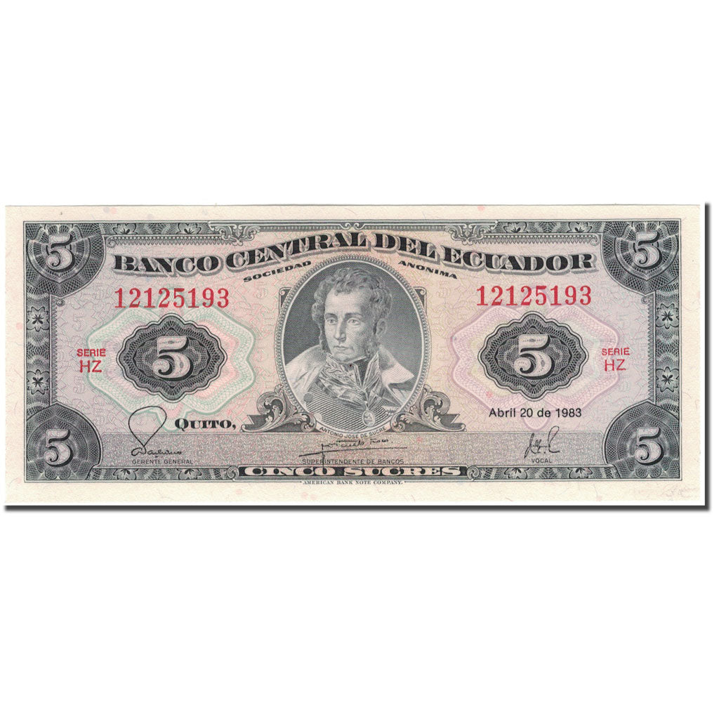 Banknote, Ecuador, 5 Sucres, 1983-04-20, KM:108b, UNC(65-70)