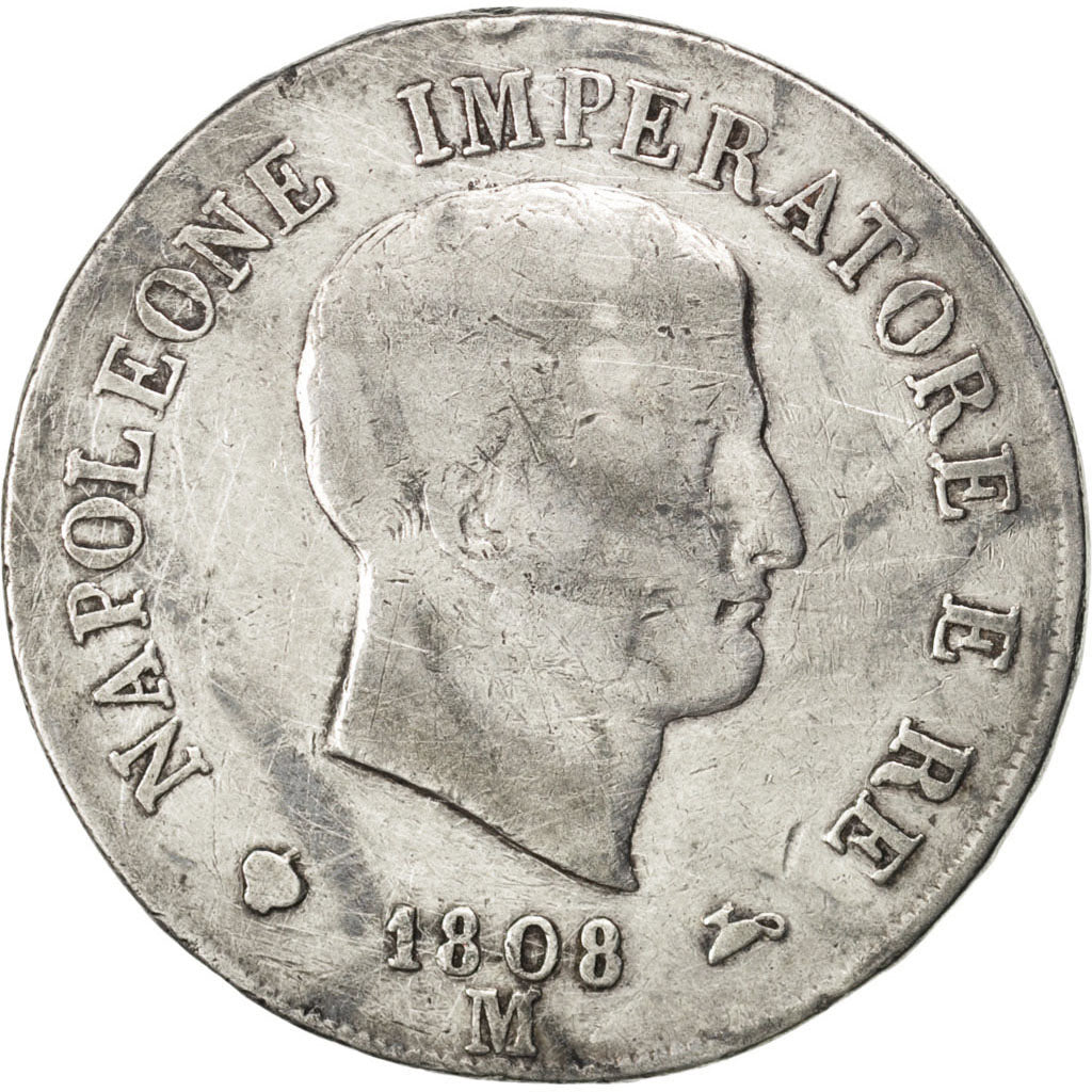 Italy, 5 Lire, 1808, Milan, KM #10.1, VF(20-25), Silver, 24.64