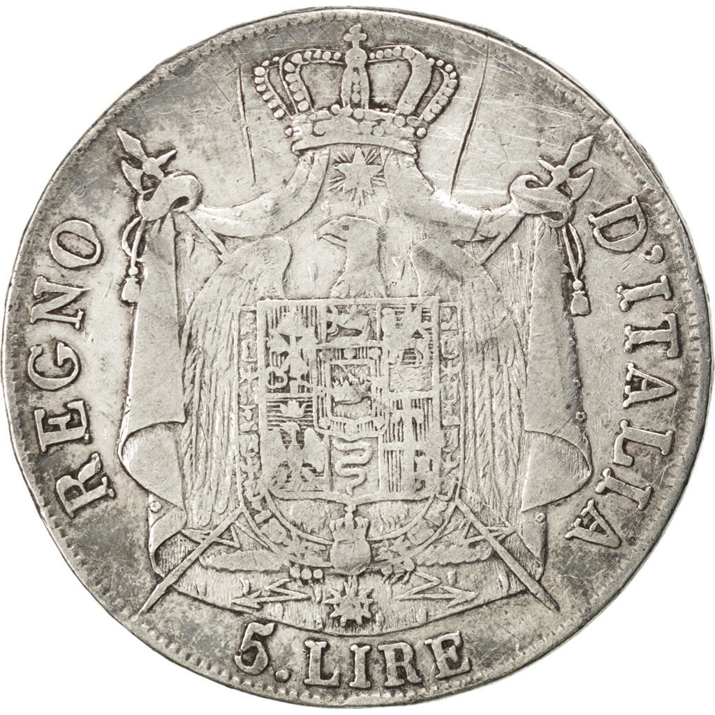 Italy, 5 Lire, 1808, Milan, KM #10.1, VF(20-25), Silver, 24.64