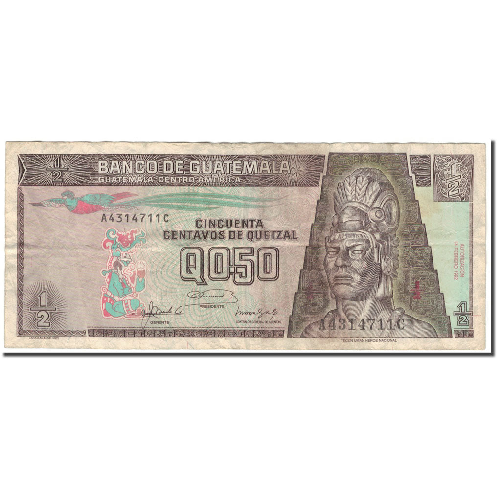 Banknote, Guatemala, 1/2 Quetzal, 1992-02-14, KM:72b, VF(20-25)