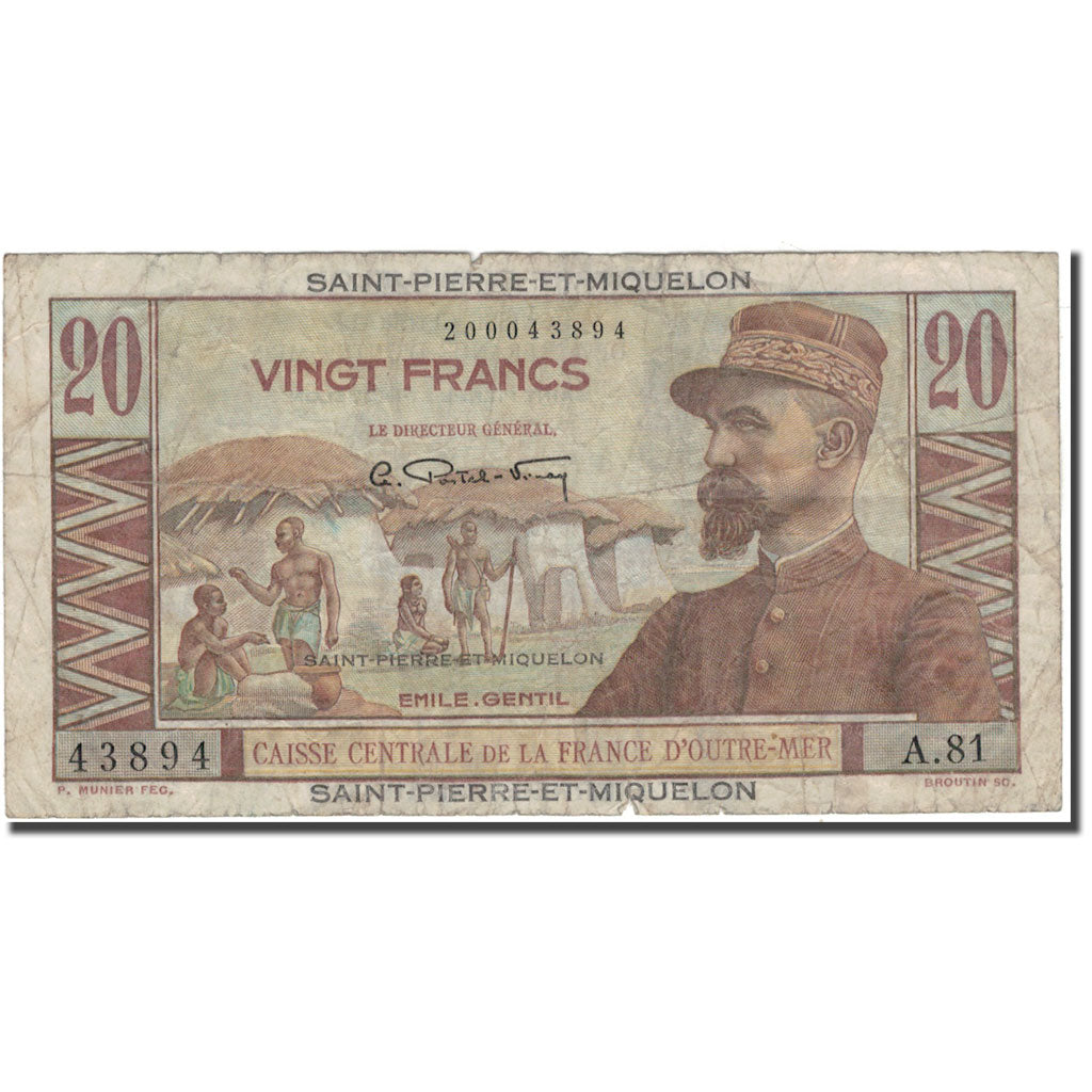 Saint Pierre and Miquelon, 20 Francs, VG(8-10), KM:24