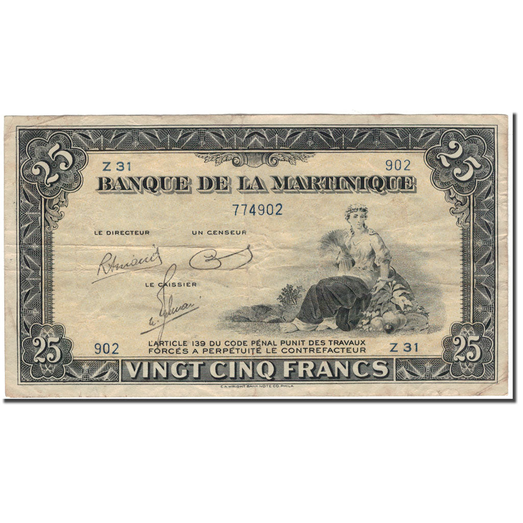 Martinique, 25 Francs, VF(30-35), KM:17