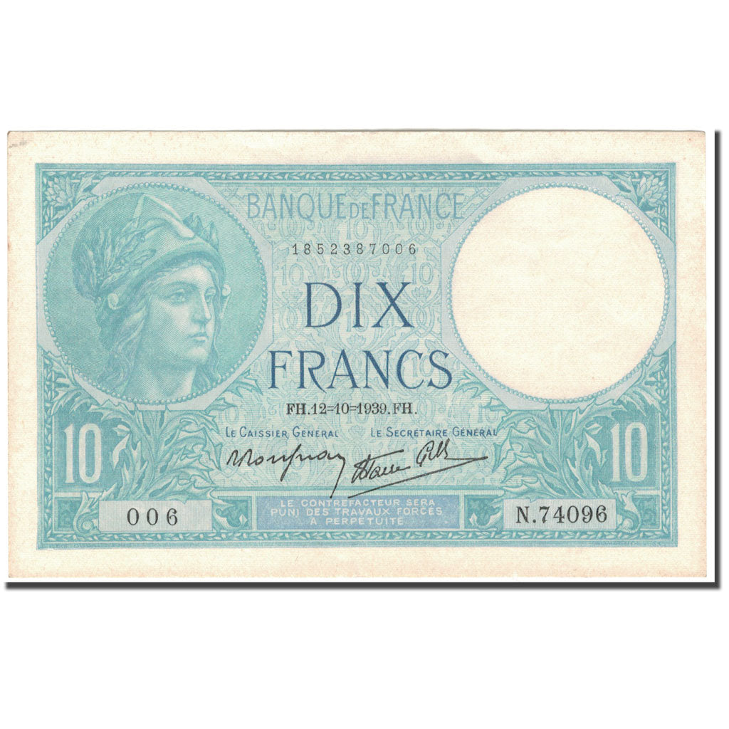 Francia, 10 Francs, 10 F 1916-1942 ''Minerve'', 1939-10-12, MBC+, Fayette:7.11