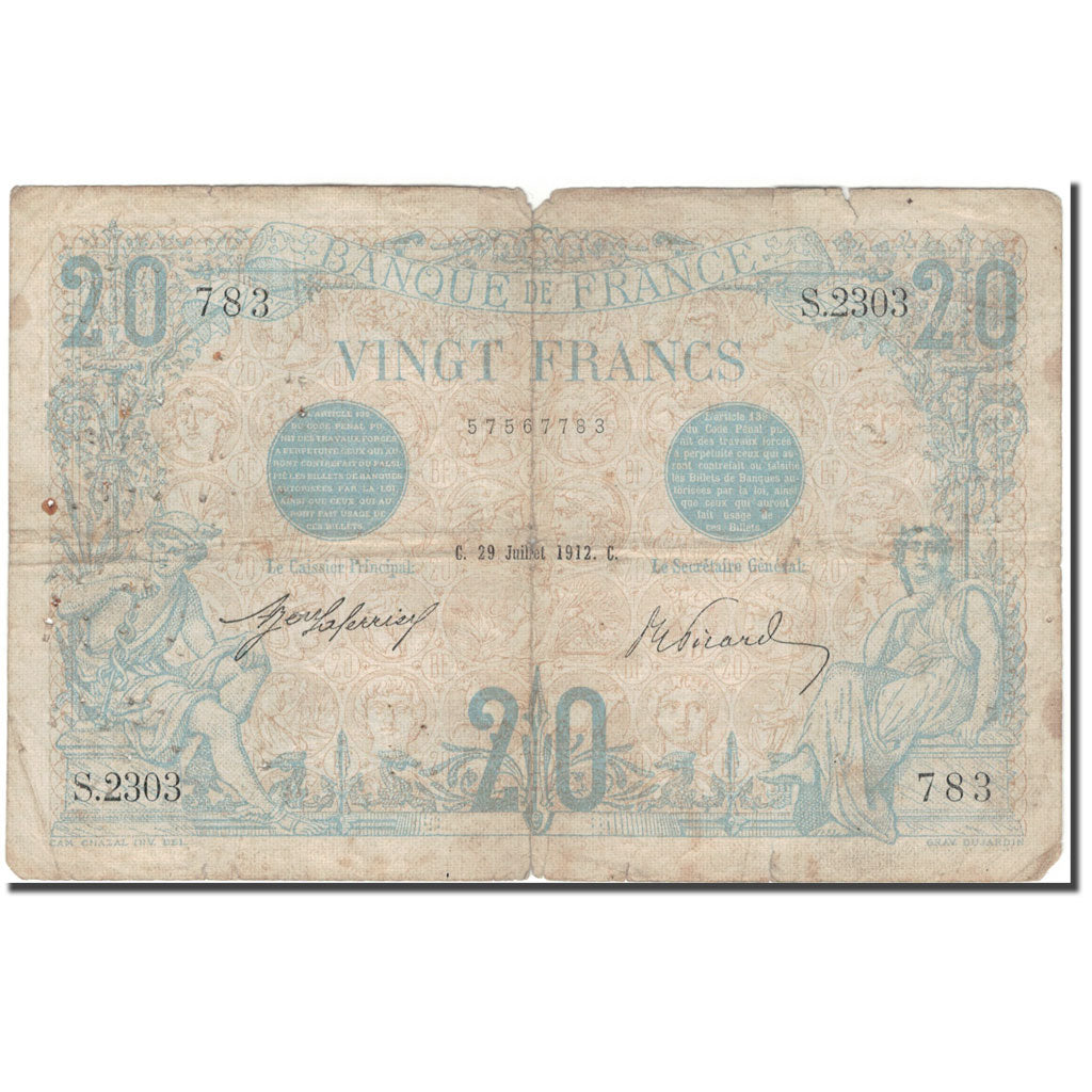France, 20 Francs, 20 F 1905-1913 ''Bleu'', 1912-07-29, VG(8-10), Fayette:10.2