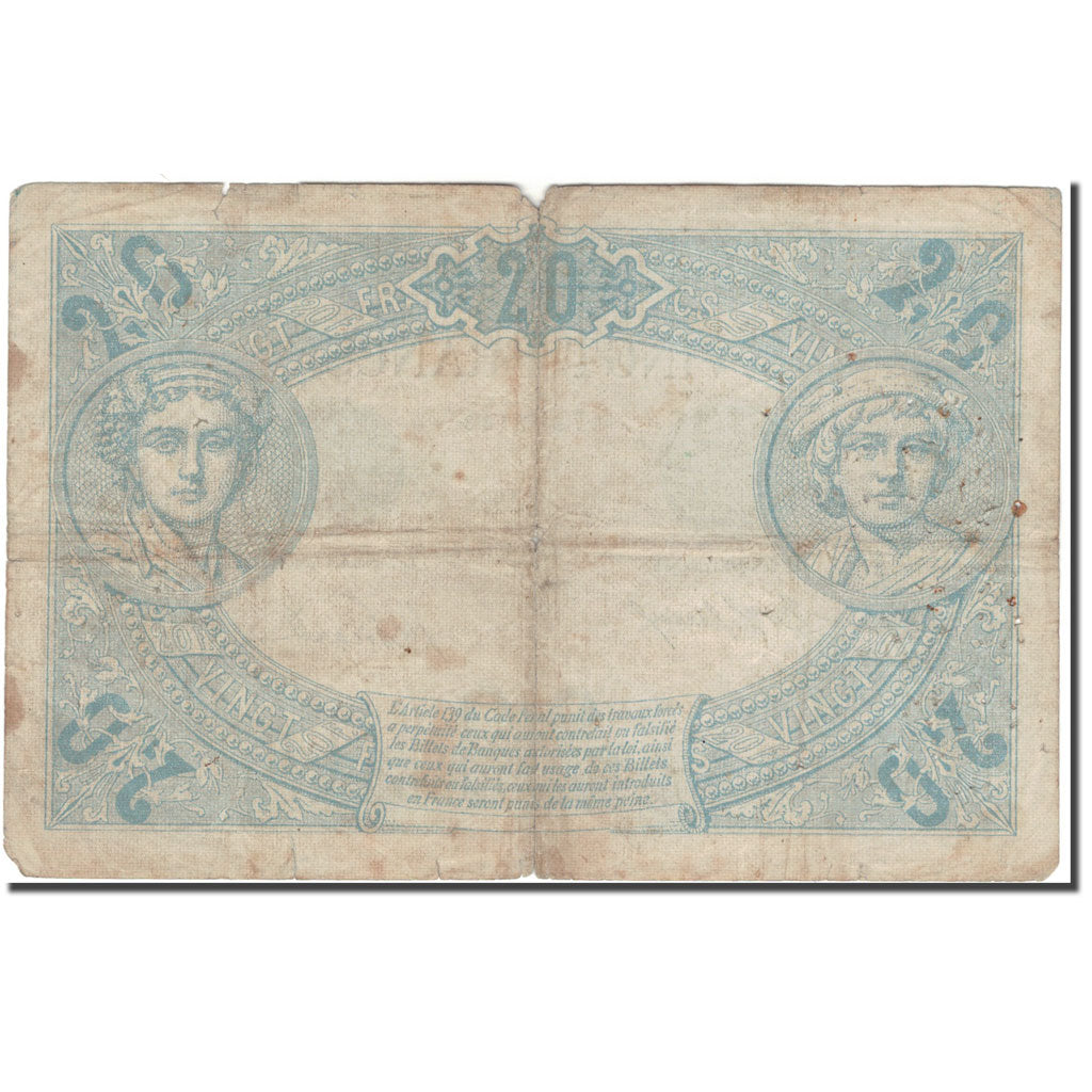 France, 20 Francs, 20 F 1905-1913 ''Bleu'', 1912-07-29, VG(8-10), Fayette:10.2