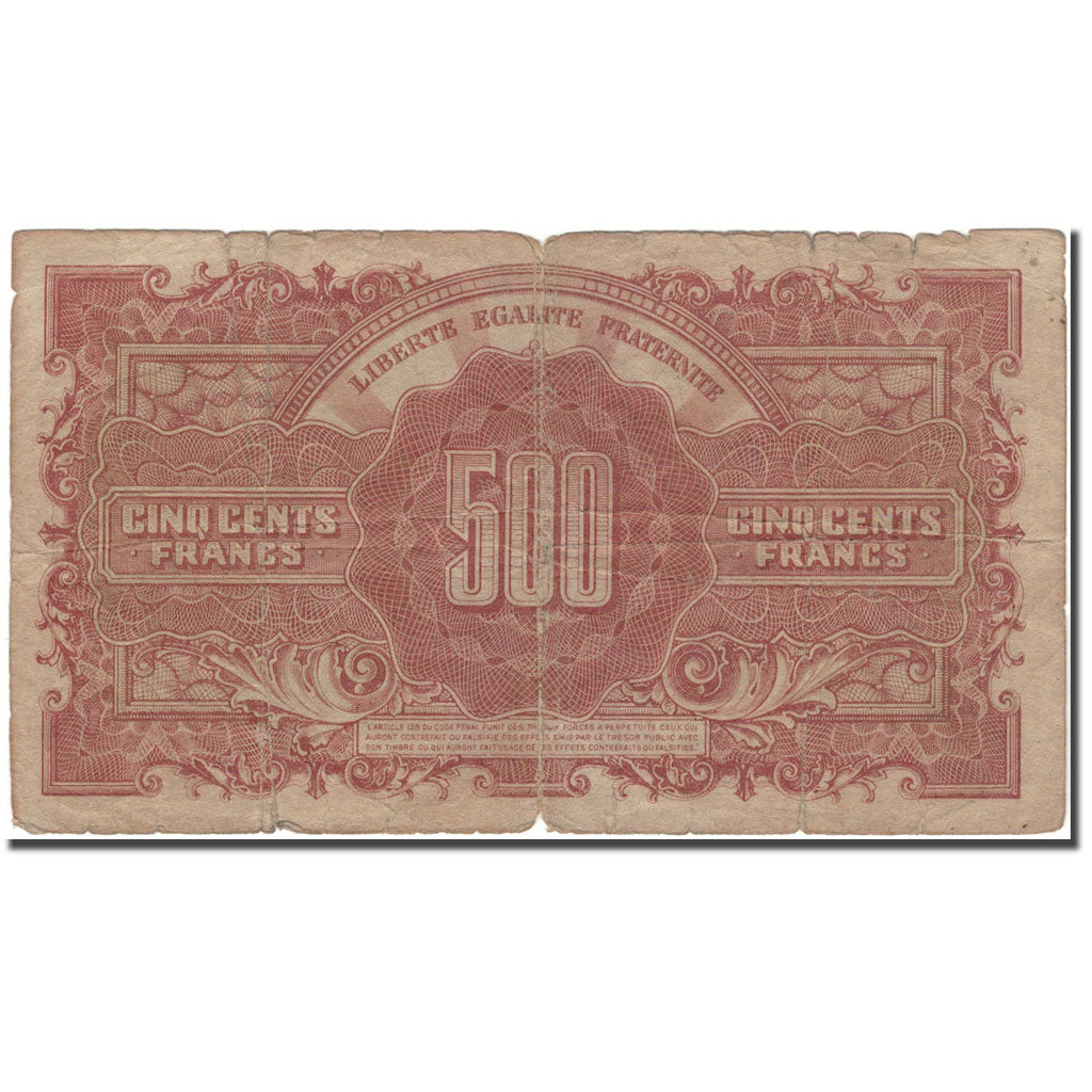 France, 500 Francs, 1943-1945 Marianne, 1944, B, Fayette:VF 11.1, KM:106