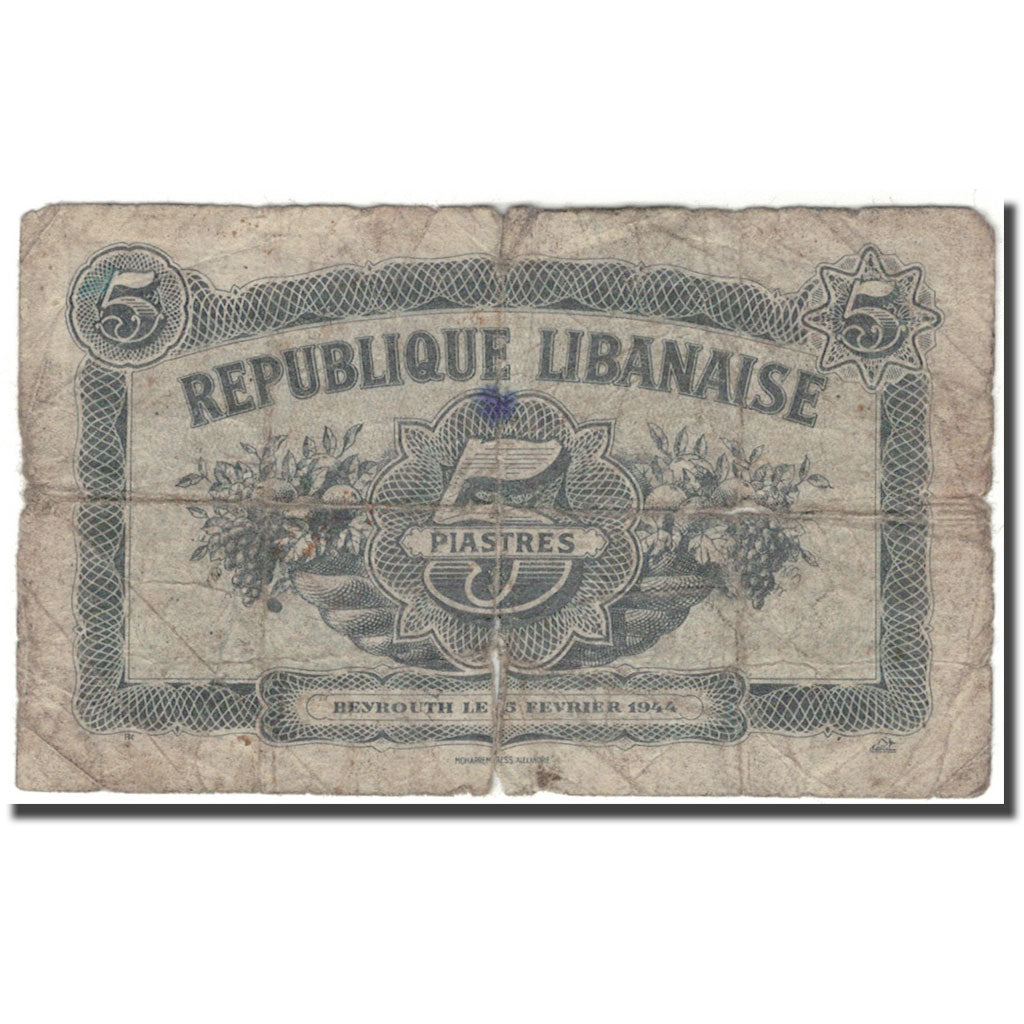 Banknote, Lebanon, 5 Piastres, 1944-02-05, KM:38, AG(1-3)
