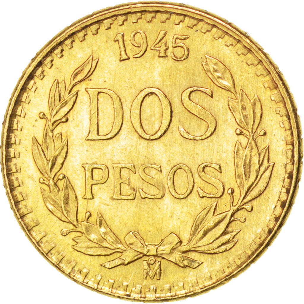 Mexico, 2 Pesos, 1945, Mexico, KM #461, AU(55-58), Gold, 1.65