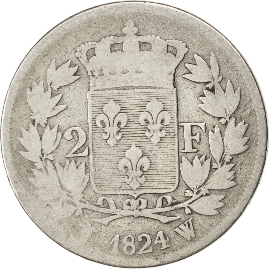 FRANCE, Louis XVIII, 2 Francs, 1824, Paris, KM #710.1, VG(8-10), Silver,...