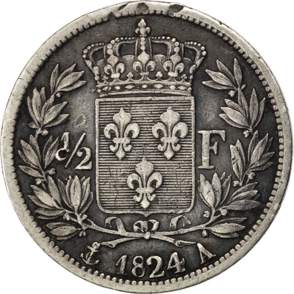 Louis XVIII, Second Gouvernement Royal, 1/2 Franc 1824 Paris, KM 708.1