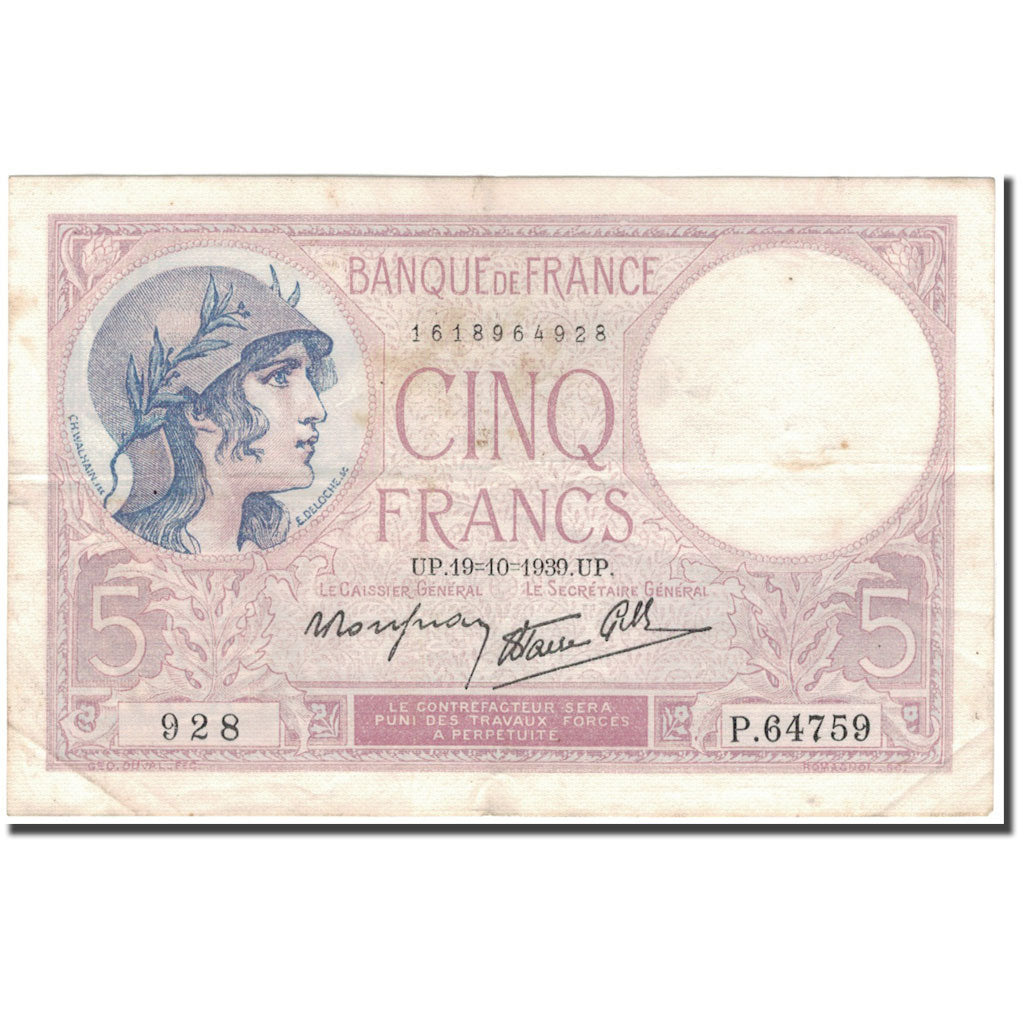 France, 5 Francs, 5 F 1917-1940 ''Violet'', 1939-10-19, TB+, Fayette:4.12, KM:83