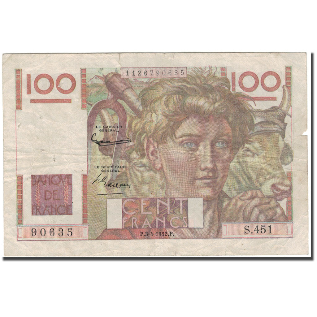 France, 100 Francs, 100 F 1945-1954 ''Jeune Paysan'', 1952-04-03, VG(8-10)