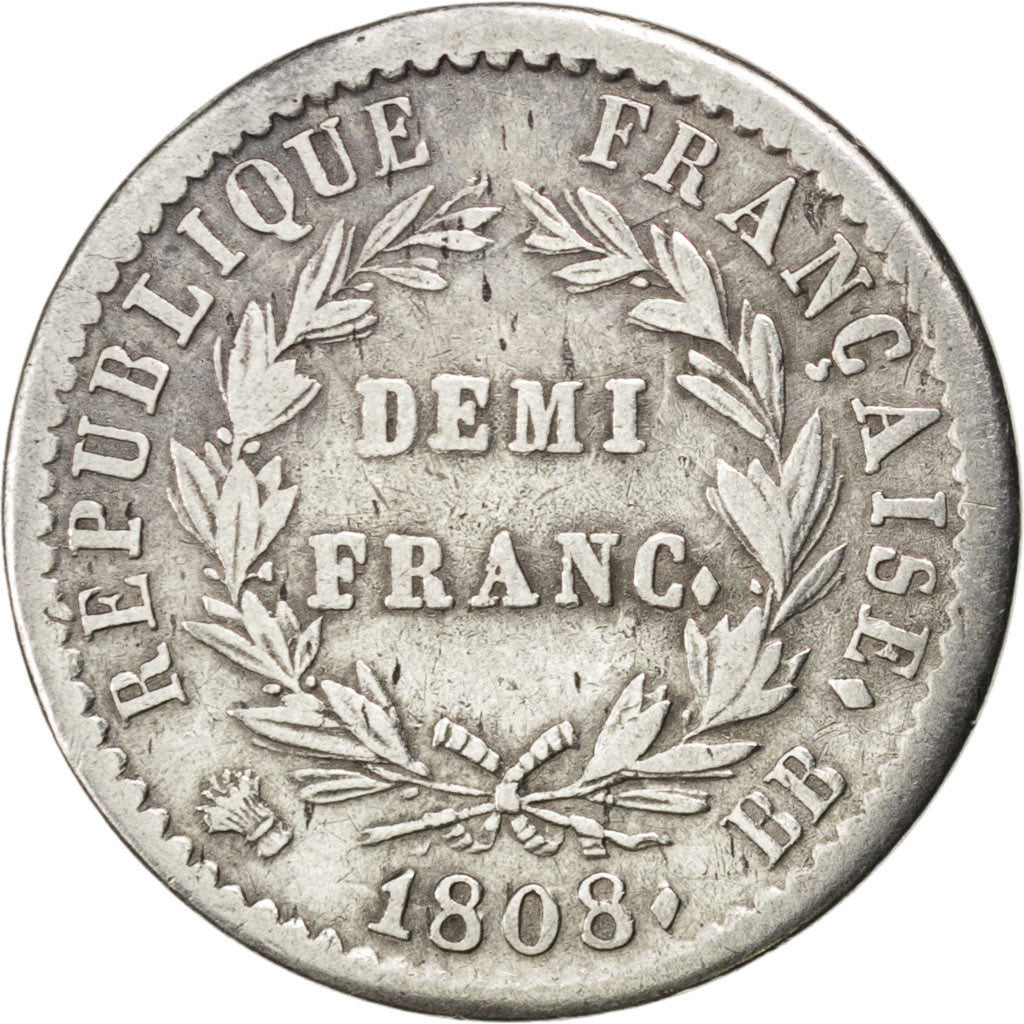 FRANCE, Napoléon I, 1/2 Franc, 1808, Strasbourg, KM #680.3, EF(40-45), Silver, G