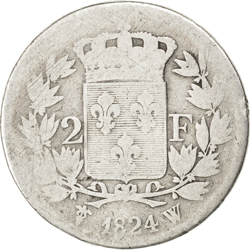 FRANCE, Louis XVIII, 2 Francs, 1824, Paris, KM #710.1, VG(8-10), Silver,...