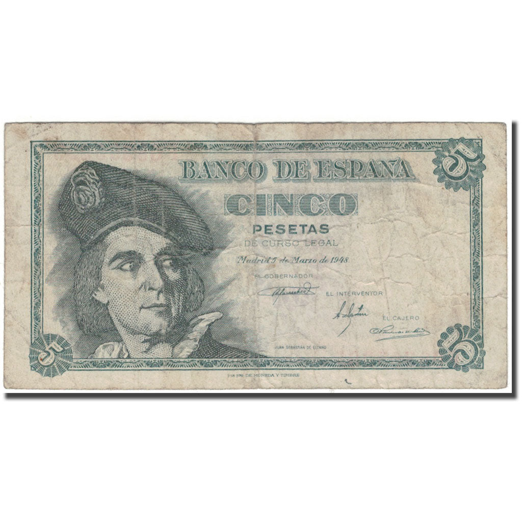 Banknote, Spain, 5 Pesetas, 1948-03-05, KM:136a, VF(20-25)