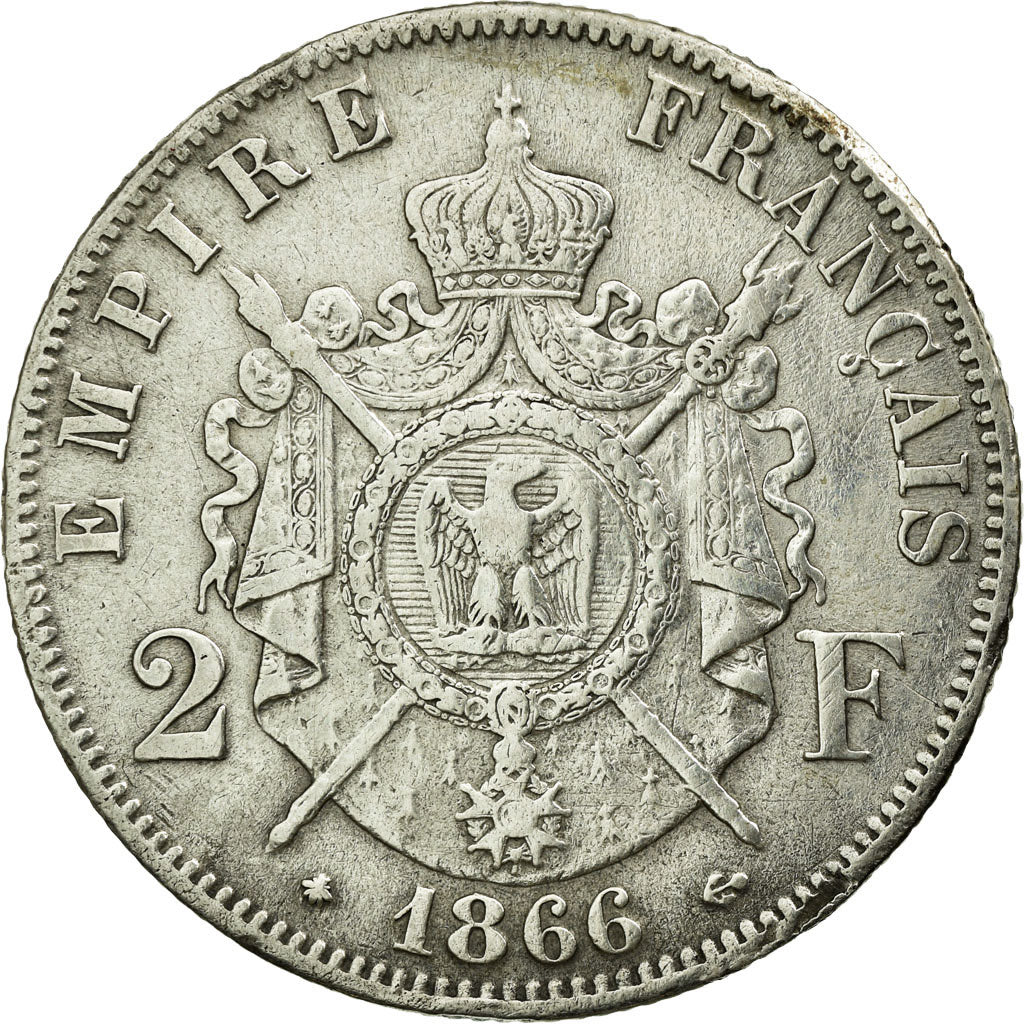 Moneda, Francia, Napoleon III, Napoléon III, 2 Francs, 1866, Paris, MBC, Plata
