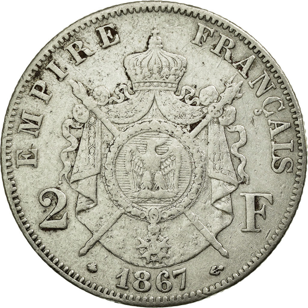Moneda, Francia, Napoleon III, Napoléon III, 2 Francs, 1867, Paris, MBC, Plata
