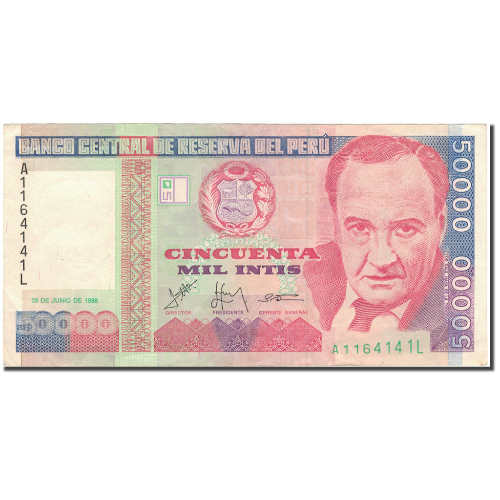 Biljet, Peru, 50,000 Intis, 1988-06-28, KM:142, TTB+