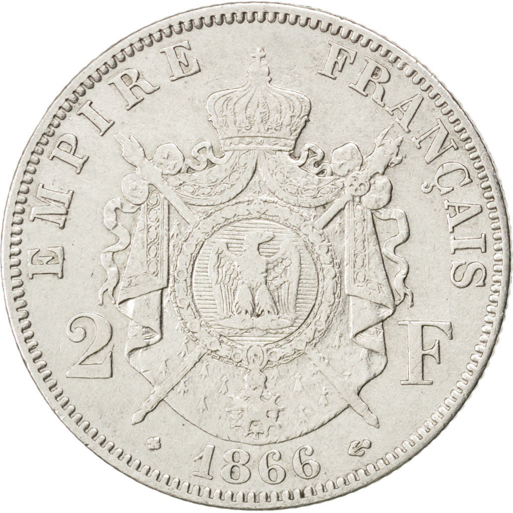 FRANCE, Napoléon III, 2 Francs, 1866, Strasbourg, KM #807.2, EF(40-45), Silver,