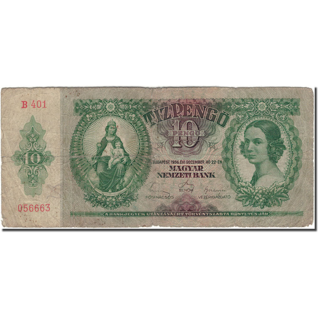 Biljet, Hongarije, 10 Pengö, 1936-12-22, KM:100, B