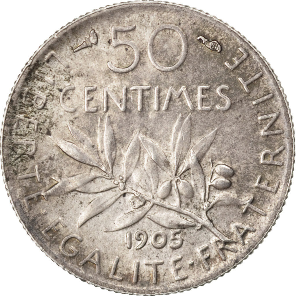 FRANCE, Semeuse, 50 Centimes, 1905, Paris, KM #854, AU(55-58), Silver, 18.1,...
