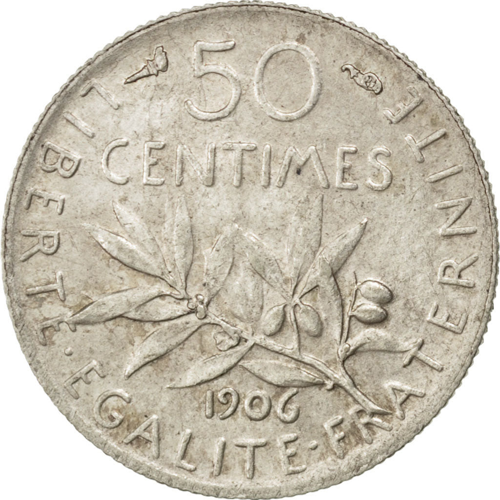 FRANCE, Semeuse, 50 Centimes, 1906, Paris, KM #854, AU(55-58), Silver, 18.1,...