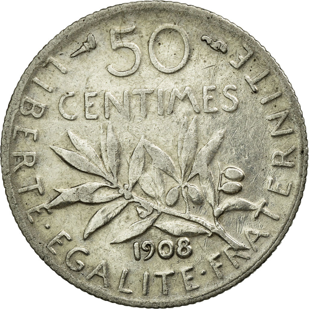 Coin, France, Semeuse, 50 Centimes, 1908, EF(40-45), Silver, KM:854, Gadoury:420