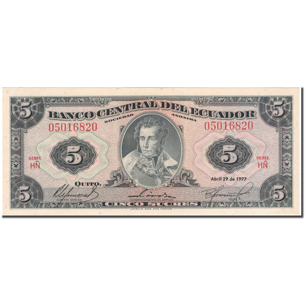 Banconote, Ecuador, 5 Sucres, 1977-04-29, KM:108a, SPL