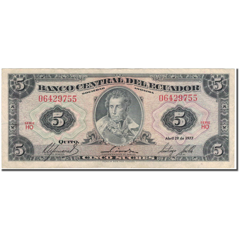 Banknote, Ecuador, 5 Sucres, 1977-04-29, KM:108a, VF(20-25)