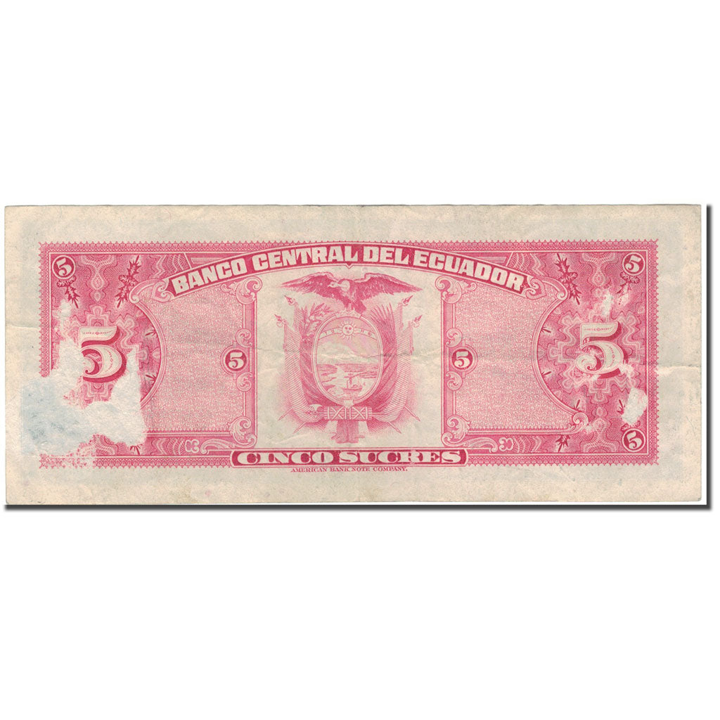 Banknote, Ecuador, 5 Sucres, 1977-04-29, KM:108a, VF(20-25)