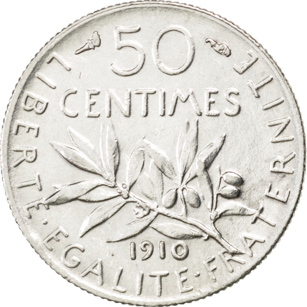 FRANCE, Semeuse, 50 Centimes, 1910, Paris, KM #854, MS(60-62), Silver, 18.1,...